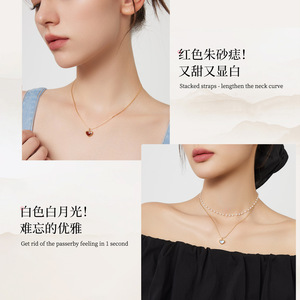 Collar con colgante de corazón Dinle para mujer, cadena de clavícula en capas con cuentas rojas y blancas, joyería fina para uso diario - Product Image 5