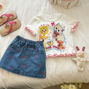 Girls Denim Skirt A-Line Mini Solid Color With Bow Print Summer Wear - Product Image 5