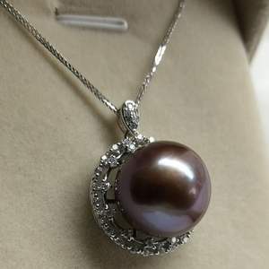 S925 Silver <b>Necklace</b> with <b>Large</b> 13-14mm Round Purple <b>Pearl</b> Pendant - Product Image 1