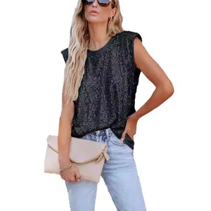 Women <b>Sequin</b> Sleeveless Camisole V Neck Loose Fit Casual <b>Top</b> Breathable Polyester T Shirt 3D Effect Flowy Style - Product Image 5