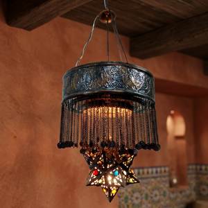 Lustre traditionnel égyptien en laiton Zahereen BR363, grand modèle, avec pendentifs en cristal, éclairage à économie d'énergie, finition cuivre antique - Product Image 2