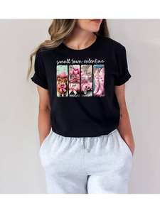 T-shirt da donna Small Town Valentine a maniche corte, in cotone, girocollo, stampata, per San Valentino, primavera estate, vestibilità regolare - Product Image 1