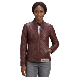 Quilted Leather <b>Jacket</b> Maroon Biker Outerwear Diamond Stitched Stand Collar Zip Coat Women Quilted Leather <b>Jackets</b> - Product Image 1