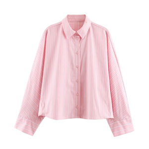 Camisa a Rayas de Manga Larga para Mujer, Estilo Dulce y Holgado, Blusa de Algodón, Diseño Personalizado 2026, OEM/ODM por Fábrica China, Tops Vintage - Product Image 1