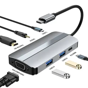 Stasiun Dok 7-In-1 USB3.0 + HDMI + USB-C + PD + VGA + Konektor Dok Stasiun Audio Notebook