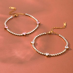 Dainty Heart Shaped Pink <b>White</b> Zircon Link <b>Bracelet</b> Anti Tarnish Polished Stainless Steel Ladies Accessories - Product Image 3