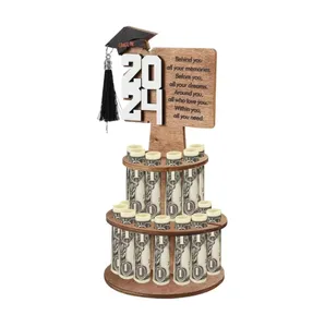 2024 Graduation Tiered Tray Cake DIY Unique Greeting Gift for Converting Congrats Card with 30 Holes Wooden