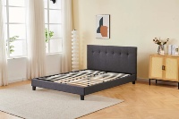 Lit de style européen moderne avec cadre en bois massif et tête de lit en tissu, disponible en tailles Queen et King, pour chambre à coucher