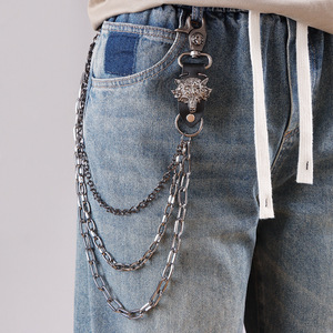 Wolf <b>Head</b> Cowhide Multi Layer Trouser Chain Gunmetal Color Punk <b>Style</b> Waist Chain For Casual Wear - Product Image 1