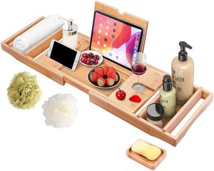 MIYU Wholesale Customization Acceptable Fancy Bathtub Caddy Tray Expandable Bamboo Tub Tray for Luxury Bath with Book Holder