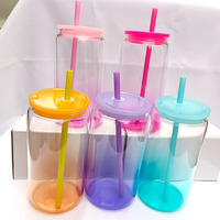Gobelet en verre transparent réutilisable de 16 oz, couleurs mélangées dégradées, avec couvercle et pailles colorées, pour sublimation et films UV DTF, design moderne, pour la rentrée scolaire