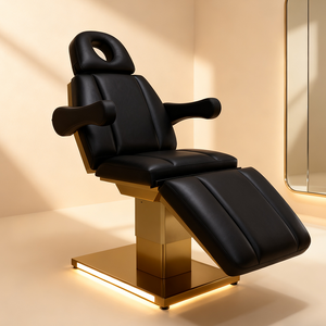 Muebles de salón de belleza modernos, cama de masaje con Base dorada de cuero negro, cama de masaje ajustable con 3 motores eléctricos - Product Image 1