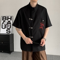 Chemise décontractée pour homme à col montant et manches courtes, broderie bambou, boucle métallique, coupe ample, style streetwear, pour le quotidien