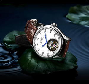 Montre de luxe pour homme avec tourbillon, boîtier en acier inoxydable, cadran en cristal saphir, mouvement mécanique, bracelet en cuir étanche - Product Image 6