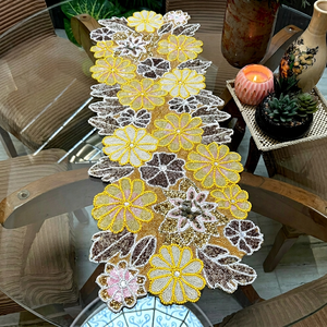Embroidered Floral Table <b>Runner</b> Bohemian Home Decor <b>Washable</b> Yellow Pink Beaded Pattern - Product Image 1