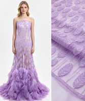 Tissu en dentelle à sequins 3D de luxe, motif feuille, violet, lourdement perlé, avec volants en tulle pour robe de soirée haute couture et robe de mariée
