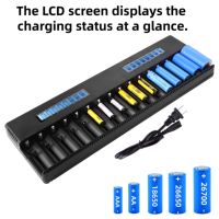 Chargeur de batterie multifonctionnel HWD à 16 emplacements avec écran LCD et éclairage LED pour appareils photo, batteries Li-ion 21700, 18650, 16340, 14500, Ni-MH, Ni-Cd