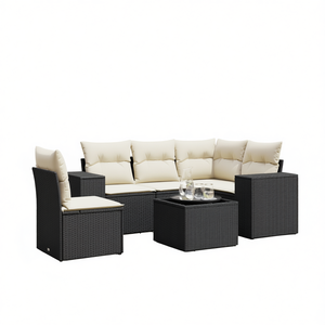 Conjunto de Sofá Modular de Ratán Negro para Jardín, Muebles de Patio con Cojines Color Crema, Asientos para 7 Personas, Diseño Moderno - Product Image 1