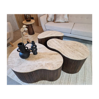 Ensemble de table basse en marbre, décor de salon, table à thé centrale en marbre naturel avec pied en bois, table basse en travertin pour vivre
