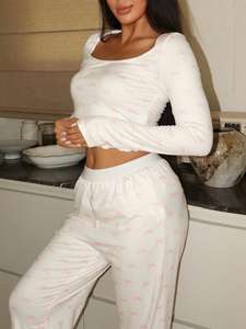 Wholesale Fitted Long Sleeve <strong>Crop</strong> Top Cotton Pyjamas Sleepwear Bow Print Modal Custom PJ Bamboo <strong>Pajamas</strong> for Women Sets - Product Image 3
