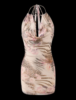 Nouvelle robe moulante mini à imprimé léopard floral 2026 - Dos nu, style halter, coupe ajustée, sexy, pour les soirées et les clubs, pour femmes