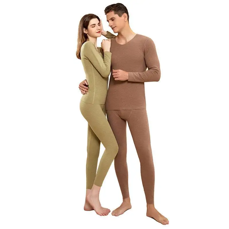 Qualité soie laine dralon velours sous-vêtement thermique hiver garder au chaud hommes femmes couleur unie 2 pièces chauffage long johns costume