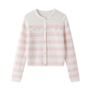 <span class=keywords><strong>Cardigan</strong></span> maglione lavorato a maglia personalizzata con scollo a V in <span class=keywords><strong>cotone</strong></span> 100 cavo a righe rosa e bianche - Product Image 1