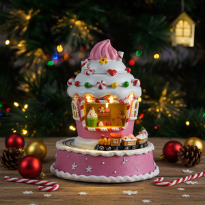 Décoration <span class=keywords><strong>de</strong></span> Noël LED rose en forme <span class=keywords><strong>de</strong></span> bonbon <span class=keywords><strong>de</strong></span> glace avec train tournant et 8 chansons <span class=keywords><strong>de</strong></span> Noël, village <span class=keywords><strong>de</strong></span> Noël fait main - Product Image 1