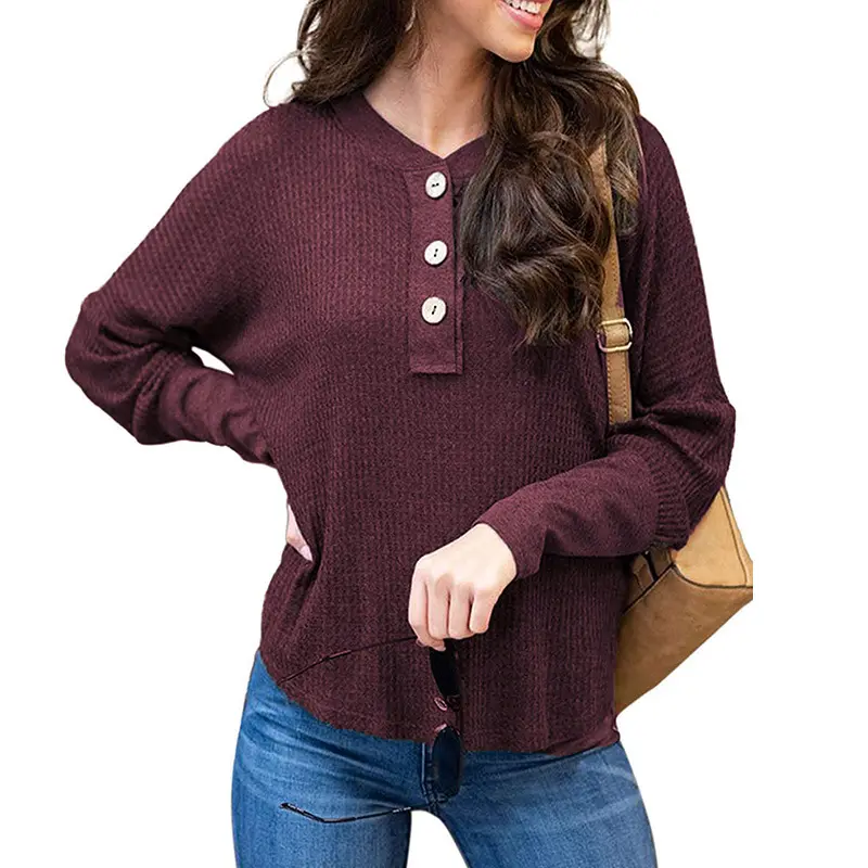 Nueva moda Otoño primavera las mujeres las niñas cheques Walf Botón de cuello en V Color sólido Camiseta de manga larga de corte Slim Casual blusa de punto camisetas