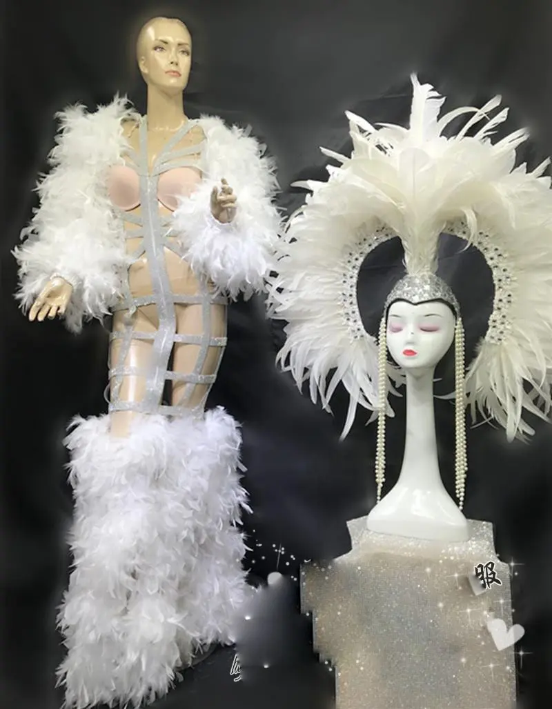 Sfilata di moda sfilata di carnevale copricapo di piume in bianco e nero gonna a coda cava gogo costumi di scena per spettacoli commerciali