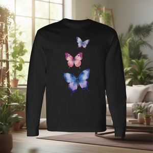 Hermosa camiseta de manga larga con diseño de mariposas en acuarela, cuello redondo negro, estampado artístico, ropa de moda - Product Image 3