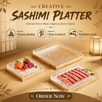 Assiette à sashimi carrée en acrylique personnalisée en gros, texture glacée, plateau individuel pour sushi avec base en bois