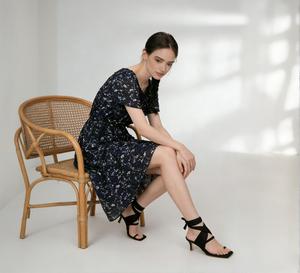 Summer Navy Blue Floral Midi Dress Elegant Short Sleeve Casual Dress High Waist Flowy A-line for Beach <strong>Vacation</strong> - Product Image 4