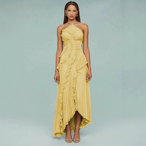 <span class=keywords><strong>Robe</strong></span> <span class=keywords><strong>longue</strong></span> <span class=keywords><strong>d</strong></span>'été sans manches pour femme, style européen, <span class=keywords><strong>d</strong></span>écontractée, avec fente, volants, bretelles plissées et col licou, coupe trapèze - Product Image 5