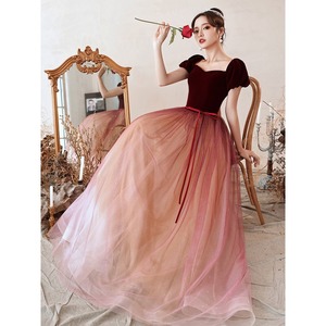 Evening Gown Women's Claret <b>A</b>-<b>Line</b> Sweetheart Neckline Tulle <b>Dress</b> With Contrast Color For Banquet Graduation Performance - Product Image 3