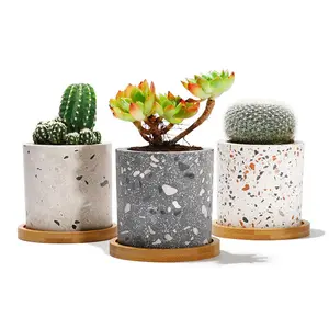 Pot cylindre de Cactus en béton, bac à jardinage, plantes succulentes, jardinière avec plateau en bambou