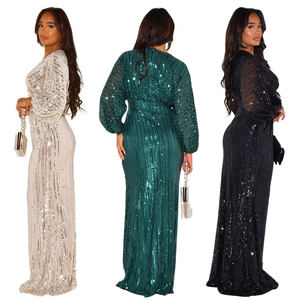 Zarif Vestidos payetli uzun kollu v yaka elbise akşam parti balo Maxi elbiseler - Product Image 2