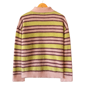 Mohair Shaggy Knitted <b>Striped</b> Polo <b>Shirt</b> Extra Soft Cozy Yarn Winter Fashion <b>Long</b> <b>Sleeve</b> Relaxed Fit Statement Knitwear - Product Image 2