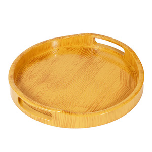 <b>Round</b> <b>Serving</b> <b>Tray</b> With Handle Imitation Wood Grain Non Slip Turmeric Color For Tea Coffee Hotel Use - Product Image 1