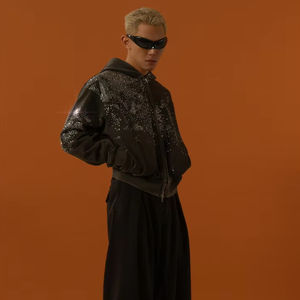 Sweat à capuche zippé pour homme en tissu French Terry de haute qualité, coton délavé, coupe ample, poids lourd 500 g/m², logo personnalisé en strass - Product Image 2