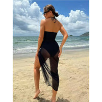 AMCLEVER 2026 Baju Renang Hitam Model Halter Satu Potong dengan Hiasan Bunga 3D & Rok Sarong Transparan Set Pakaian Pantai Elegan Wanita untuk Liburan