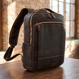 Sac à dos classique vintage de luxe en cuir Crazy Horse - Fermeture éclair antivol, sac de voyage imperméable pour ordinateur portable - Product Image 1