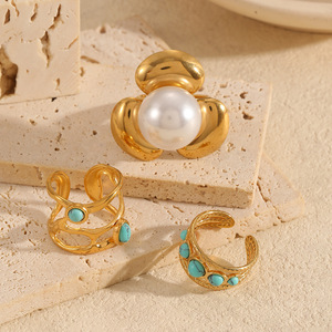 Anillo de Flores Estilo Europeo para Mujer, Acero Inoxidable 18k, Perla Turquesa, Ajustable, Accesorio para Fiesta - Product Image 3