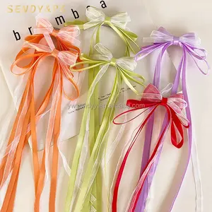 Korean Girls Bow Knotted Long Mesh Ribbon Hairpins Children Cute Colorful Bows Hairpin Headwear