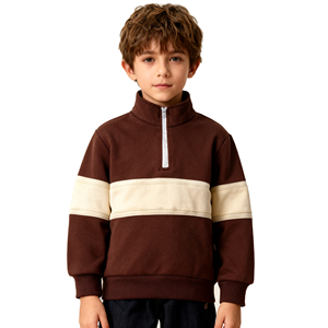<span class=keywords><strong>Sweat</strong></span>-shirt à demi-zip en molleton français beige rayé doux pour garçon avec logo brodé personnalisé - Product Image 1