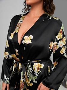 Robe de chambre personnalisée longue en soie <span class=keywords><strong>kimono</strong></span> 1 pièce imprimé floral épaules tombantes ceinture en satin robe <span class=keywords><strong>femme</strong></span> élégante - Product Image 6