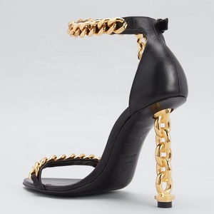 Custom Metal Heels Sandals Women Dress Stiletto Party Ankle Buckle Office Lady Shoes Open Square <b>Toe</b> High Slim Gold Heels - Product Image 3