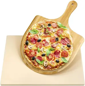 Pizza Stone With Bamboo Wood Pizza Peel For Grill Set of 2 Pizza Tool, Baking Stone for Oven, Gril and BBQ,