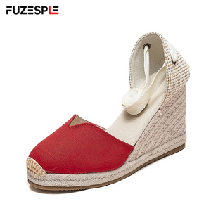 Nouvelles sandales compensées en toile <span class=keywords><strong>rouge</strong></span> pour femme, style <span class=keywords><strong>espadrille</strong></span>, à bout fermé, avec détail en V, lacets et bride cheville, plateforme tressée, chaussures d'été - Product Image 1