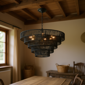 Lustre suspendu 5 niveaux en corde de chanvre noire, 8 douilles E12, câblage direct, pour salle à manger, entrée, style bohème et ferme - Product Image 2